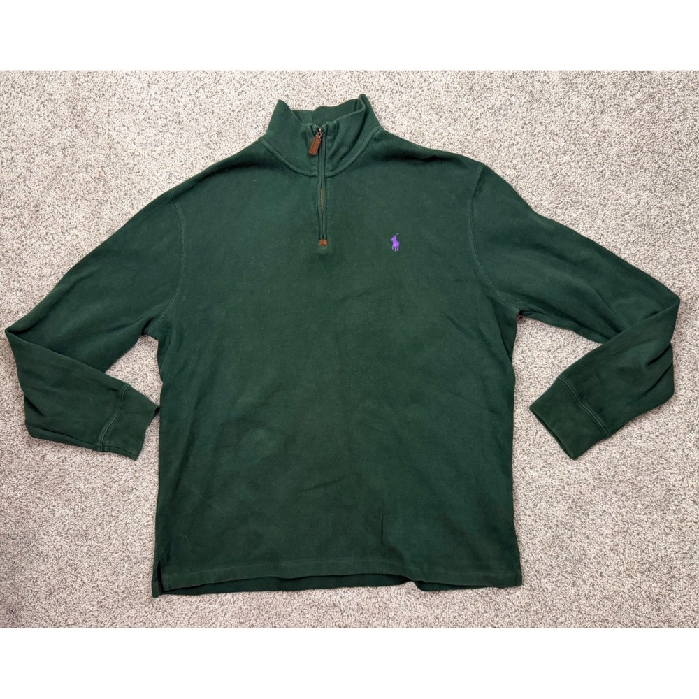 Polo‎ Ralph Lauren Pullover Quarter Zip Large Green Classic Purple Pony Ribbed